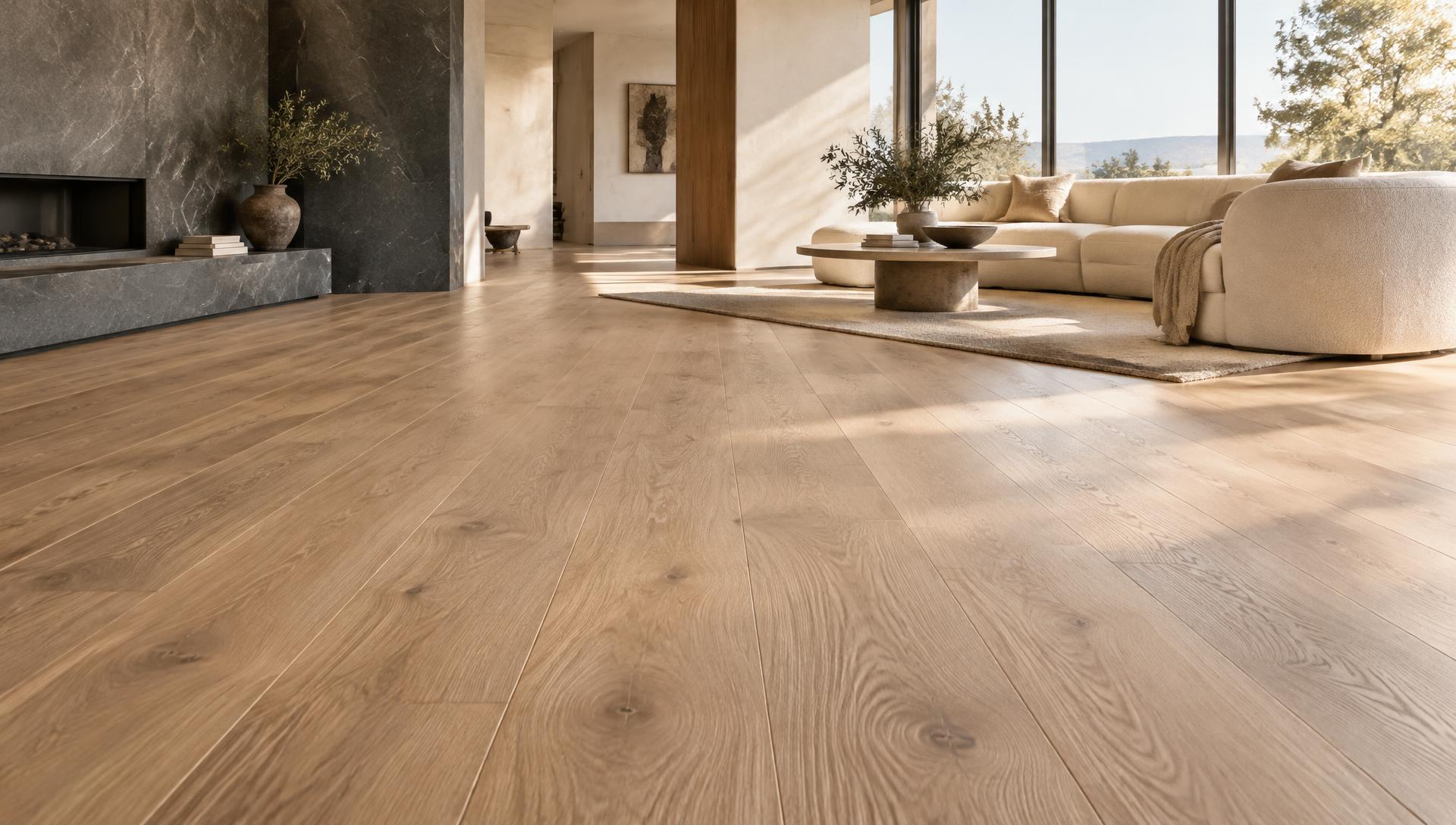 Architectural living room with sunlit wide-plank oak grain running across the floor