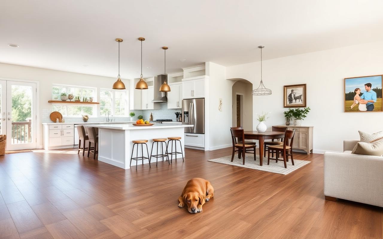 Family choosing flooring samples in a showroom