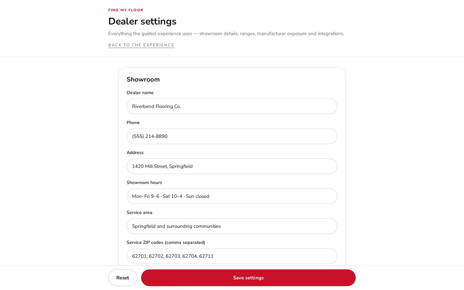 Dealer settings screen controlling showroom details, ranges and manufacturer exposure