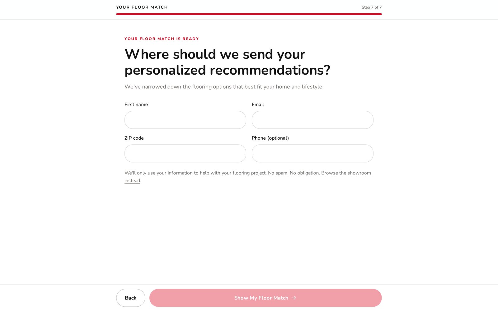 Lead capture step asking where to send personalised flooring recommendations
