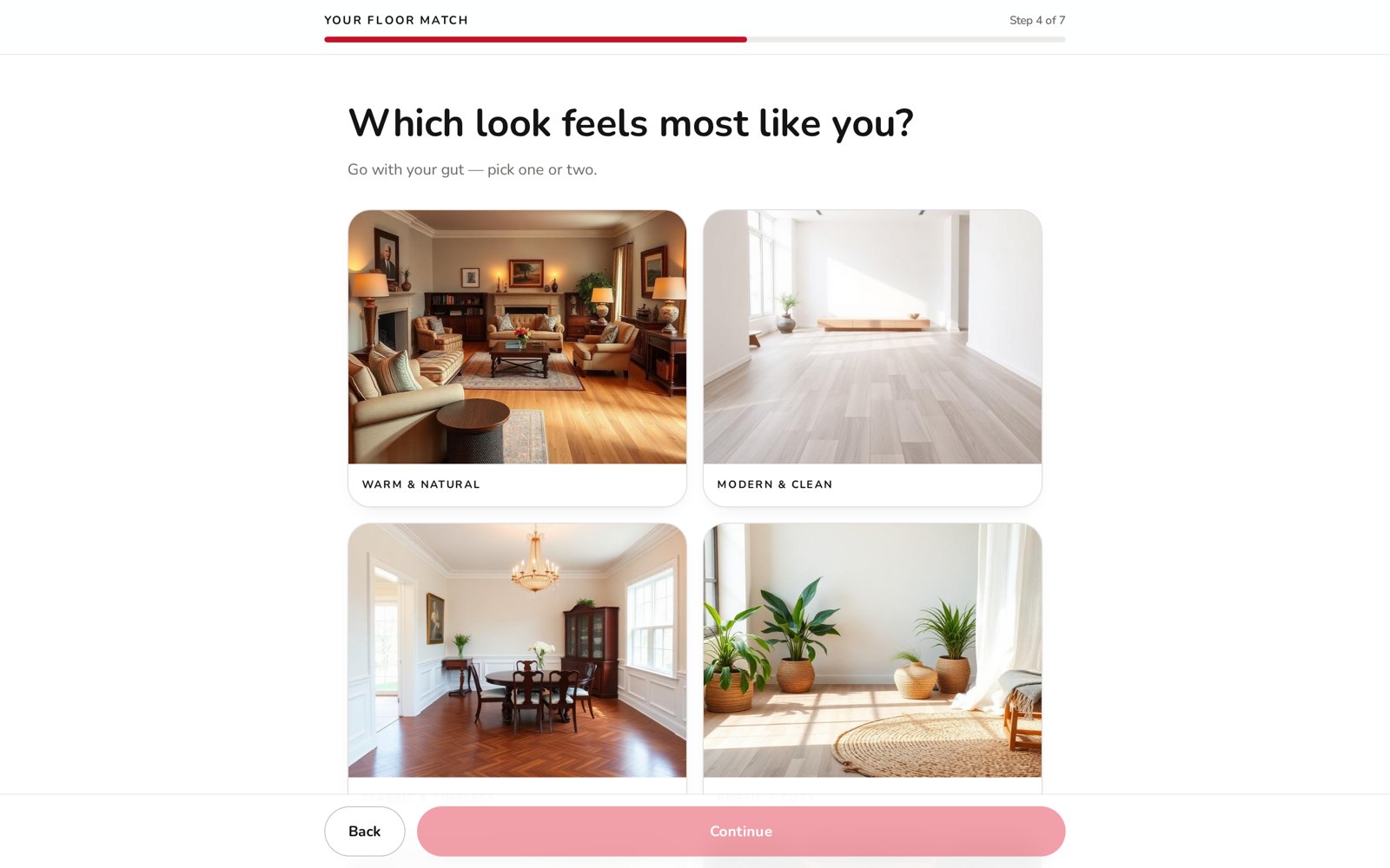 Style selection step of the flooring product finder