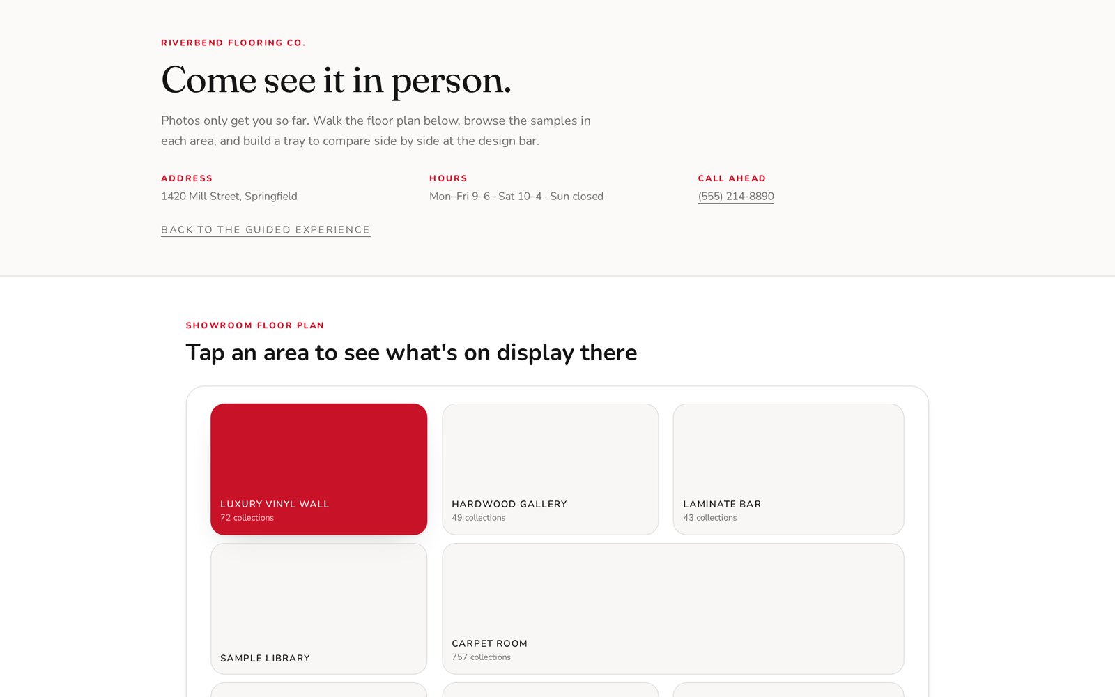 Interactive showroom floor plan page for a flooring dealer