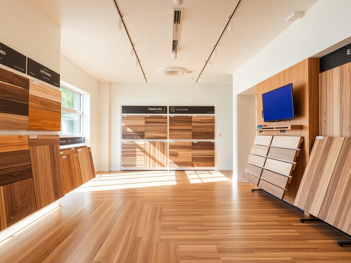 Flooring retail showroom with sample displays and wood flooring