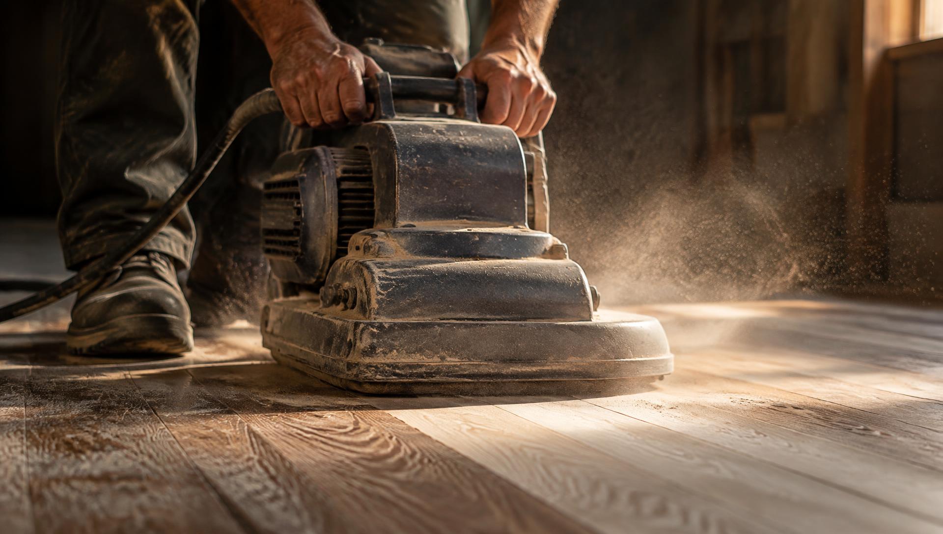 A flooring professional sanding a white oak hardwood floor